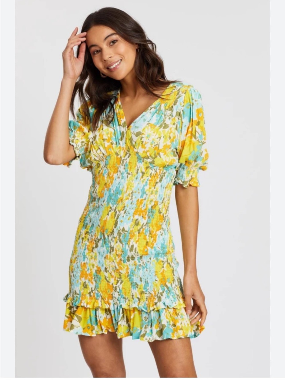Faithfull the Brand Yellow & Aqua Floral Smocked Mini Dress, US2